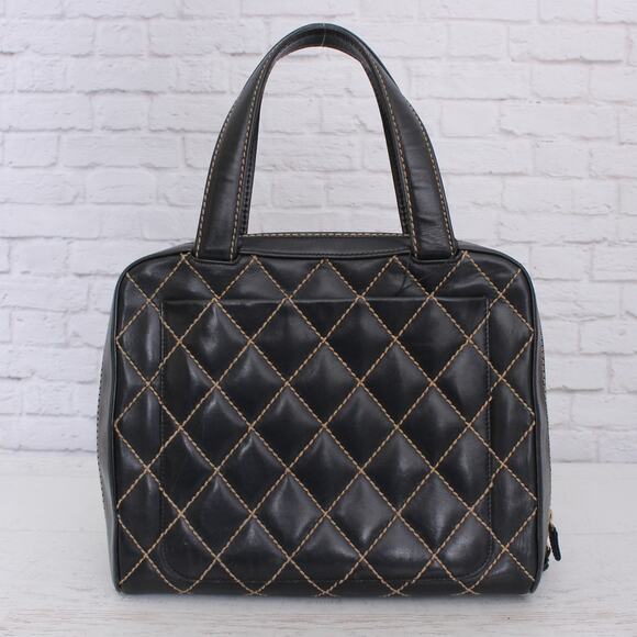 Chanel Wild Stitch Black Lambskin Leather Handbag Satchel Purse A5529 - Picture 5 of 11
